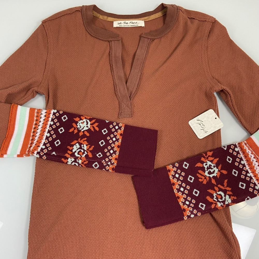 We The Free‎ Women's Small Thermal Henley Top Long Sleeve Autumn Combo NWT